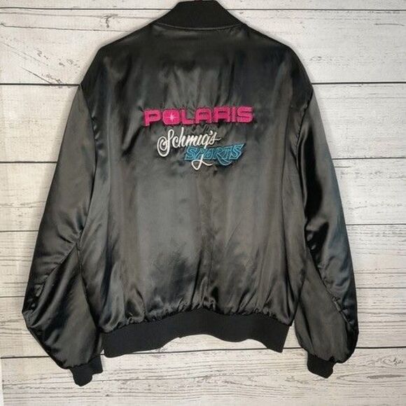 VTG Satins Black Polaris Embroidered Satin Full Zip Bomber Jacket Men Size XL - Picture 10 of 13